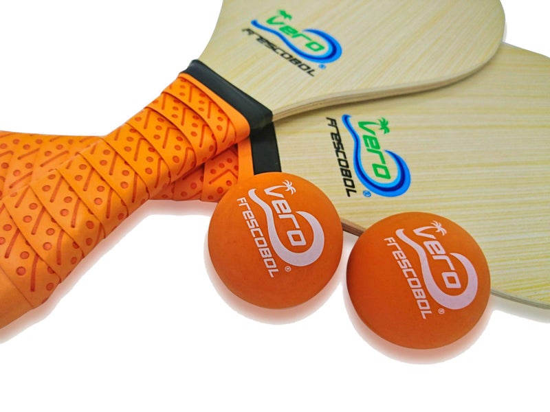 Vero Frescobol Frescobol Starter Set, 2 Vero Wood Paddles, Premium Orange Padded Grips, 2 Official Orange Balls, Beach Tote-Bag - Image 2